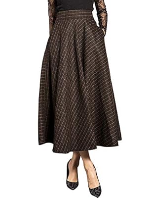 IDEALSANXUN Women’s Small Plaid Retro Flared Wool Midi Skirt