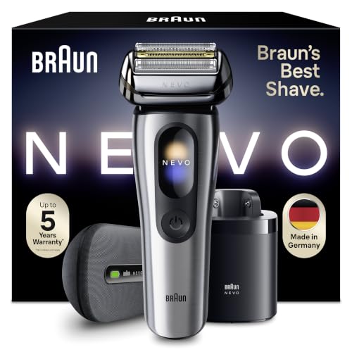 Braun NEVO Elektrorasierer Herren mit AeroTouch-Technologie fuer eine kompromisslose Rasur Smart Display Inklusive Care 7in1 System, Power Travel Case, NEVO17000C, Silber