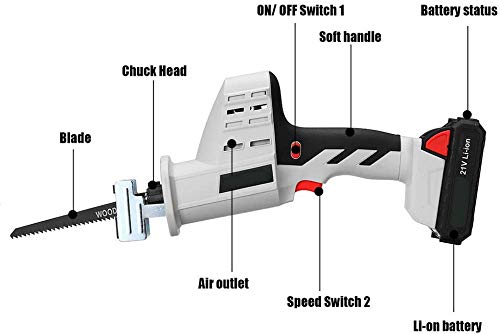 WUAZ Akku-Säbelsäge 21-Volt Max mit Hubkolben Blade, Lithium-Ionen-Akku, Schnellladegerät, Ideal für Holz, Rohr und… – Bild 7