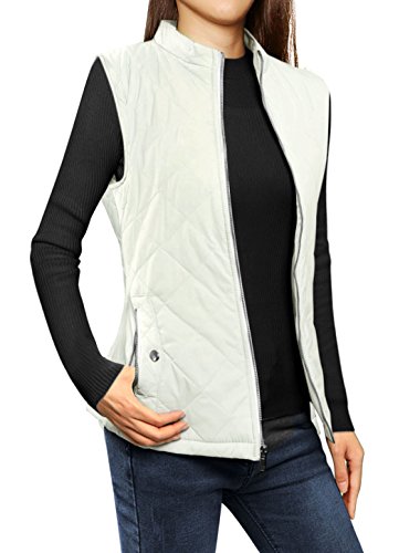 Allegra K Women's Stand Collar Zippered Quilted Padded Vest XL Off White