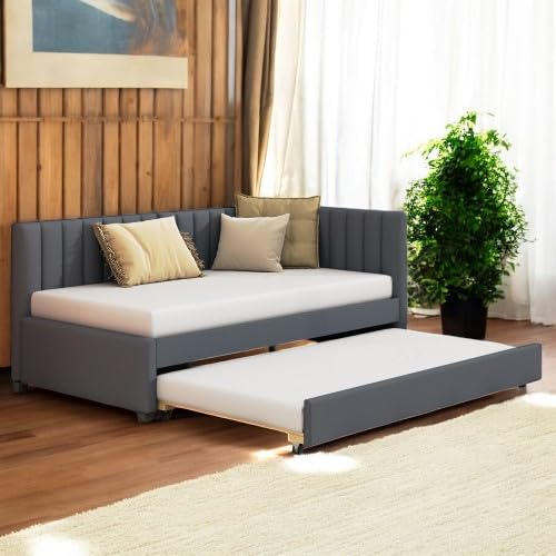 Photo 1 of **************INCOMPLETE ITEM, THIS IS ONLY BOX  # 2OUT OF 2**************
PVWIIK Upholstered Full Size Daybed with Trundle for Bedroom Guest Room Living Room,Solid Wood Bed Frame w/Twin Trundle, No Box Spring Needed, Grey
