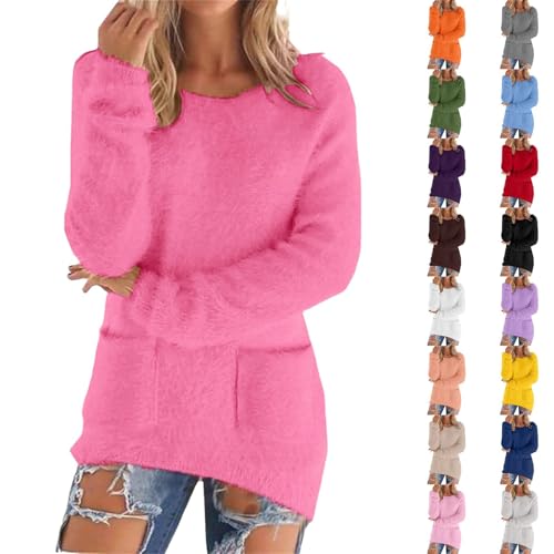 Women's Jumpers Long Sleeve Tops Women Fluffy Fall Fleece Jumper Lightweight V Neck Long Jumpers for Women UK Fashion Soft Plain Thin Womens Sweaters Casual Knitted Pullover Tops