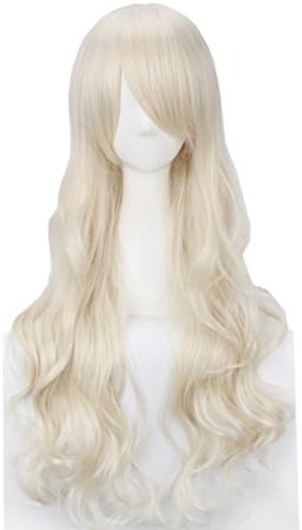 Yesui Cosplay Wigs for Women Heat Resistant 32" 80cm Long Curly Hair Styles Wavy with Side Bangs Wig Cap Beige White