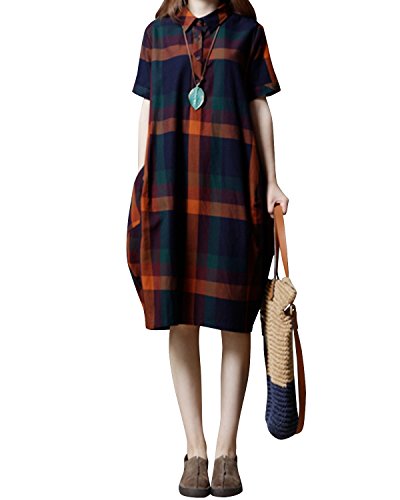 BIUBIU Women's Casual Polo Neck Plaid Loose Shirt Midi Dress With Pockets Orange L