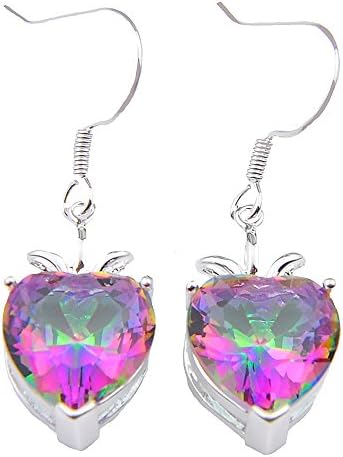 LuckyshineHeart Shape Fire Mystic Topaz 925 Silver 4-prong Dangle Earrings for Women