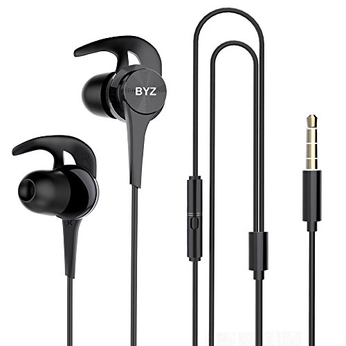BYZ Wired Earbuds Stereo Earphones in-Ear Headphones with Ear Hooks for Running Workout Gym Black