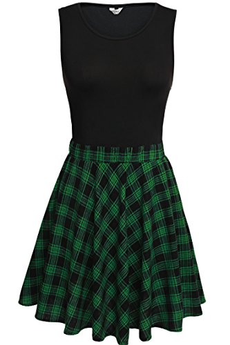Meaneor Women's Fashion Sleeveless Plaid Patchwork Casual Skater Mini Dress, Green S