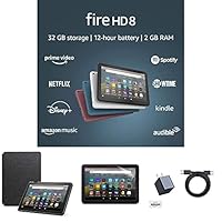 Fire HD 8 Essentials Bundle including Fire HD 8 Tablet (Black, 32GB), Lockscreen Ad-Supported, Amazon Standing Case (Charcoal Black), Nupro Clear Screen Protector, and 15W fast charger
