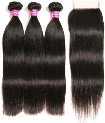 Brazilian Straight Hair With Closure 3 Bundles Unprocessed Virgin Human Hair Bundles With Lace Closure Free Part Hair Extensions Natural Color (20 22 24+18free)