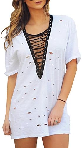 Juste Women Deep V-Neck Bandage Short Sleeve Ripped Holes Long T Shirt