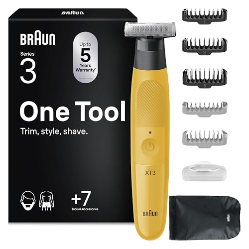 Braun Series XT3, Rasoio Elettrico Barba Tutto-In-Uno, +7 Strumenti Di Styling, Regolabarba Uomo Braun, Lama Affilata 4D Flex, Regola, Rade E Rifinisce, Viso, XT3205, Giallo