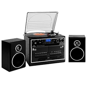 auna stereo-installatie 388-BT met muzieksysteem met draaitafel (dubbel cassettedeck, digitaliseringsfunctie, voor cd…