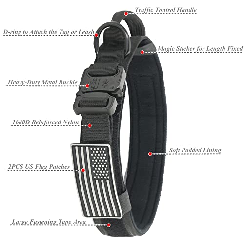 YouthBro Tactical Dog Collar with Two US Flag Patch, K9 Military Dog Collar with 1 Airtag case, Nylon Collar with Heavy Duty Metal Buckle for Medium Large Dogs Black, L