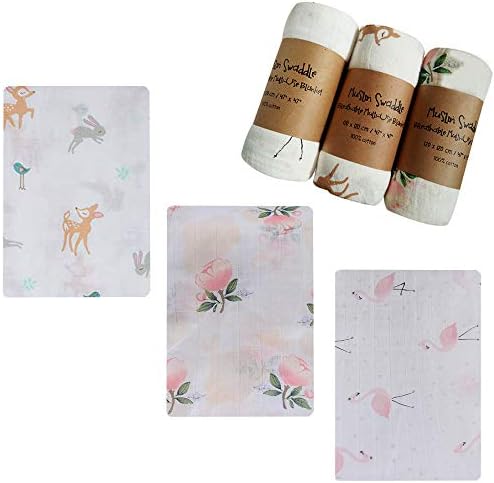 3 Pack 100% Cotton Muslin Swaddle Blankets for Girl-‘Floral & Flamingo & Sika Deer Print',47 X 47 inch Large Soft Blanket,Thoughtful Baby Shower Gift for Newborn