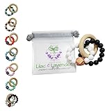 Lilac & Lavender - Baby Teether Ring - Silicone Beads Teething Relief Toy with Wooden Ring - Safe Untreated Organic Materials -Top Rack Dishwasher Safe- Unique Baby Shower Gift - Black & White