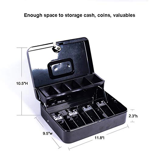 Cash Boxï¼ŒLocking Cash Box with Tiered Money Tray and Key Lock, Black, 0.21 Cubic Feet