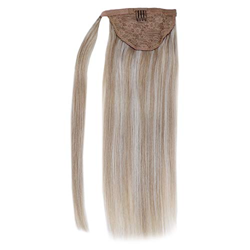LaaVoo 12" Short Wrap Pony Tail Human Hair Extensions in Color Ash Blonde Mixed Bleach Blonde Remy Brazilian One Piece Ponytail Hair 70g