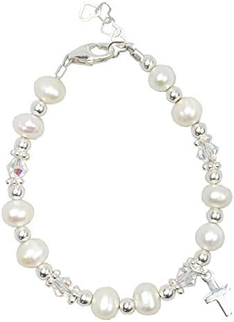 Christening Clear Swarovski Crystal with Cultured Fresh Water Pearls and Sterling Silver Cross Charm Luxury Child Unisex Bracelet (BFWCC)