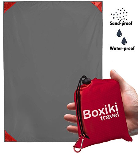 Compact Waterproof Pocket Beach Blanket by Boxiki Travel. Portable Lightweight Folding Tarp with Red Travel Case. Outdoor Picnic Camping Blanket with Easy Attachment Clip