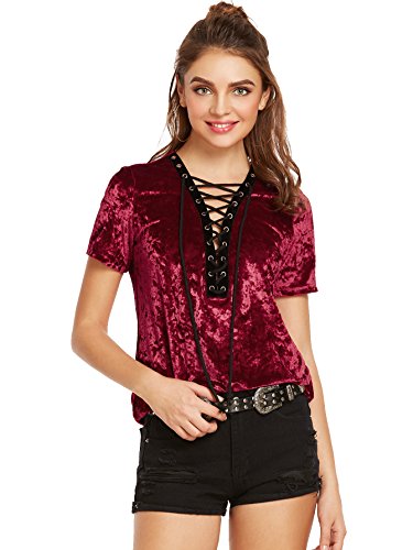 ROMWE Womens Eyelet Lace Up Cross Front Deep V Neck Stretch Velvet T-Shirt Tops Burgundy XL