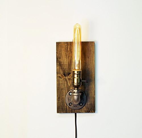 Industrial Steampunk wall sconce pipe lamp with Tube Edison bulb and Weathered wood base