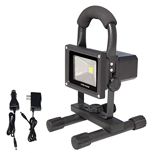 MEIKEE Rechargeable Work Light,10W Cordless Portable Outdoor LED Flood Light, 760 lumen, Daylight White, 6000K,Adapter and Car Charger Included, IP65 Waterproof, Outdoor Floodlight