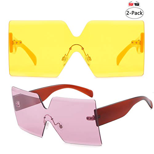 Oversized Square Sunglasses for Women Rimless Frame Candy Color Transparent Glasses (2 pack-pink/yellow)