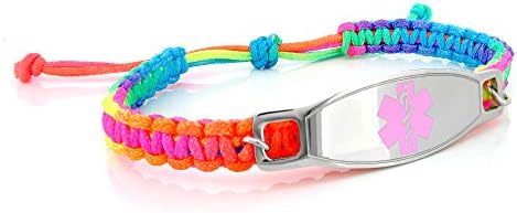 MedicEngraved Kids Rainbow Macrame Medical ID Bracelet with Surgical 316L Stainless Steel Pink Enamel Medical Tag - Adjustable 5.5 - 8 inch - Customized Medical Engraving Included