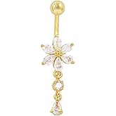 Zynova 14G Clear CZ Flower Dangle Belly Button Rings for Women 14K Gold Plated Surgical Steel Cubic Zirconia Dangling Belly Navel Rings Navel Barbell Belly Piercing Jewelry