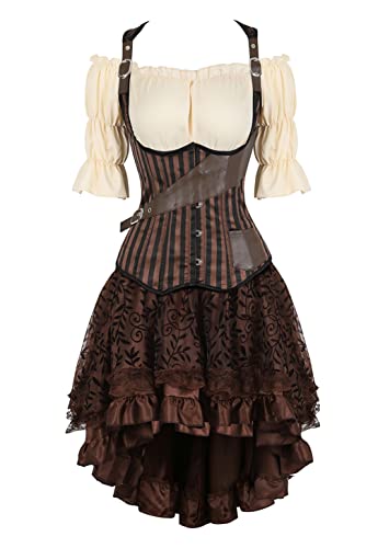 Hengzhifeng Women's Steampunk Corsets Underbust with Pirate Skirt and Gothic Blouse