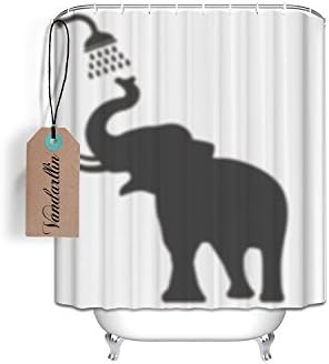 Funny Elephant Art Print Fabric Shower Curtain Set with Hooks- Bathroom Decor Elephant Taking a Shower Bathing in Bath Tub Shadow Humor Design , White Grey
