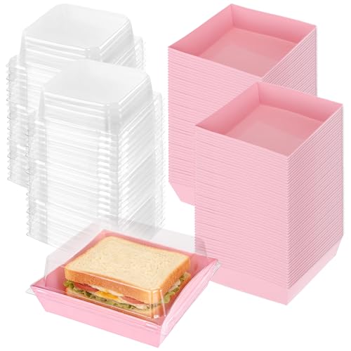 Photo 1 of 100 Pcs Charcuterie Boxes with Clear Lids 5 Inch Disposable Mini Square Charcuterie Boxes Paper Bakery Food Containers for Valentine's Day Family Party Sandwich Sushi Cookie Cake Fruits Slice (Pink)