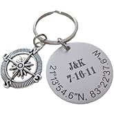 Custom Engraved Coordinates Keychain Aluminum or Steel Disc with Compass Charm, Anniversary Gift Keychain, Special Occasion GPS Keychain