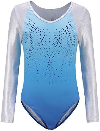 SQYGirls Gymnastics Leotards One-Piece 5-14 Years Shiny Practice Outfit (5-6X, Blue Long sleeve)