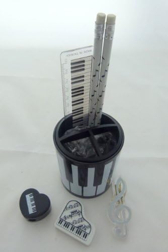 Music themed Stationery set – Black & White Piano Keys Pencil holder, pencils, ruler, eraser, sharpener, treble clef clip