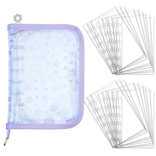 バインダー シール帳 シール収納 A7 パープル 6穴 バインダー カード保護 透明スリーブ20枚 軽量 防塵タイプ シール収納 写真収納 星柄タイプ 透明なシール帳