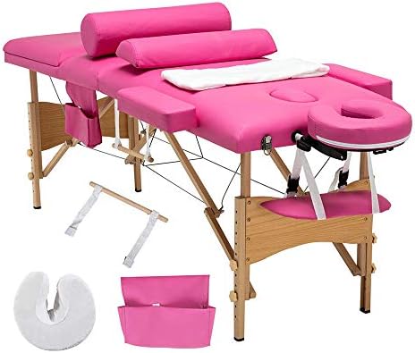 4HOMART Folding Massage Table 84'' Professional Portable 3 Fold Facial Massage Bed Salon SPA with Sheet, Cradle Cover, 2 Bolster with Backrest with Carry Case Pink