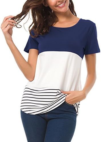 Mounblun Short Sleeve Round Neck Triple Color Block Stripe T-Shirt Casual Blouse