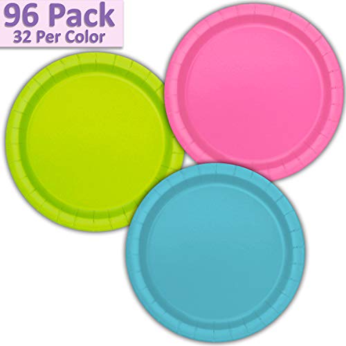 96 Paper Dinner Plates (9") - Hot Pink, Neon Green, Aqua - 32 Per Color, 3 Colors - Great Assortment for Birthday Parties, Weddings, Holidays, Baby Shower, Celebrations, and more