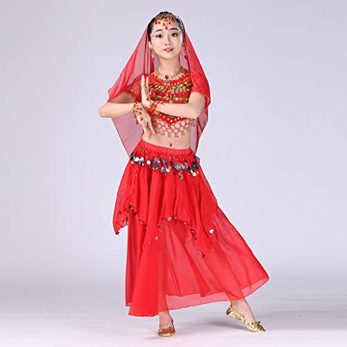 Kids Girls Belly Dance Halter Top Harem Dresses Costume Set Halloween Outfit with Head Veil Waist Chain and Bracelets