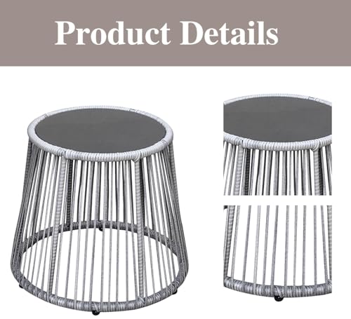 YIYAN 3 Piece Patio Bistro Set, Wicker Outdoor Patio Set with Enhanced Comfort Seating, Round Glass Top Coffee Side Table, Patio Rattan Conversation Set for Balcony, Lawn, Garden, Backyard (Gray)