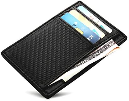 Meng anna Card Holder Ultra Slim Pocket Wallet Carbon Fiber Texture Fabric Black