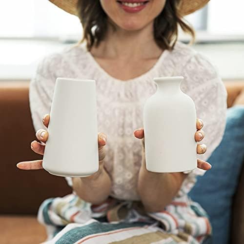 Parlamain Set Of 6 White Ceramic Vase With 100 PCS Dried Pampas Grass, Boho Aesthetic Small Vases For Wedding Centerpieces Living Room Decorations, Dining Table Decor, Entryway, Shelf By Amazon