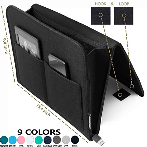 Bedside Caddy | New Design | Large Size 9.4" x 13.4" inch (Black) | Laptop Holder | 100% HANDMADE | Dorm College Room, Bunk Bed, Hospital Bed, Kids | Night Hanging Storage Organizer | Remote Holder