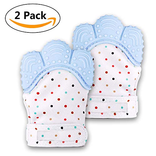 Huifen Baby Soothing Teething Mitten, Self-Soothing Pain Relief Mitt Stimulating Teether Toy, Original Silicone Teether Mitten Glove for Babies, Toddlers, Infants, Boy and Girl (2Pack, Blue)