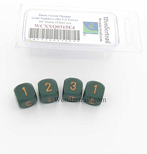 Dusty Green Opaque Dice with Gold Numbers D3 (D6 1-3 Twice) 16mm (5/8in) Pack of 4 Wondertrail