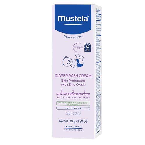 MUSTELA-BABY DIAPER RASH CREAM 123 – SKIN PROTECTANT WITH ZINC OXIDE – FRAGRANCE FREE & PARABEN FREE – WITH 98% NATURAL INGREDIENTS – 3.8 OZ, WHITE