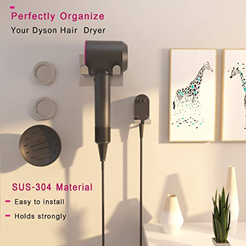 XIGOO Hair Dryer Holder, Self Adhesive Dyson Hair Dryer Wall Mount Holder Compatible Dyson Supersonic Hair Dryer, Brushed, 304 Stainless Steel, Power Plug, Diffuser and Nozzles Organizer