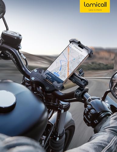 Lamicall Porta Celular para Moto Bicicleta - [720°Brazo de Ajuste] [Dual Vibración Amortiguador] Antirrobo Soporte Celular Moto, Bicicleta, para iPhone iPhone 17/16 Pro, 15/14 Pro Max 4.7-6.7" Celular