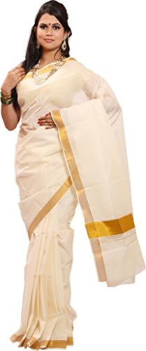 fashionkiosksCREAM COTTON KERALA KASAVU SAREE WITH PALLU WORK AND BLOUSE